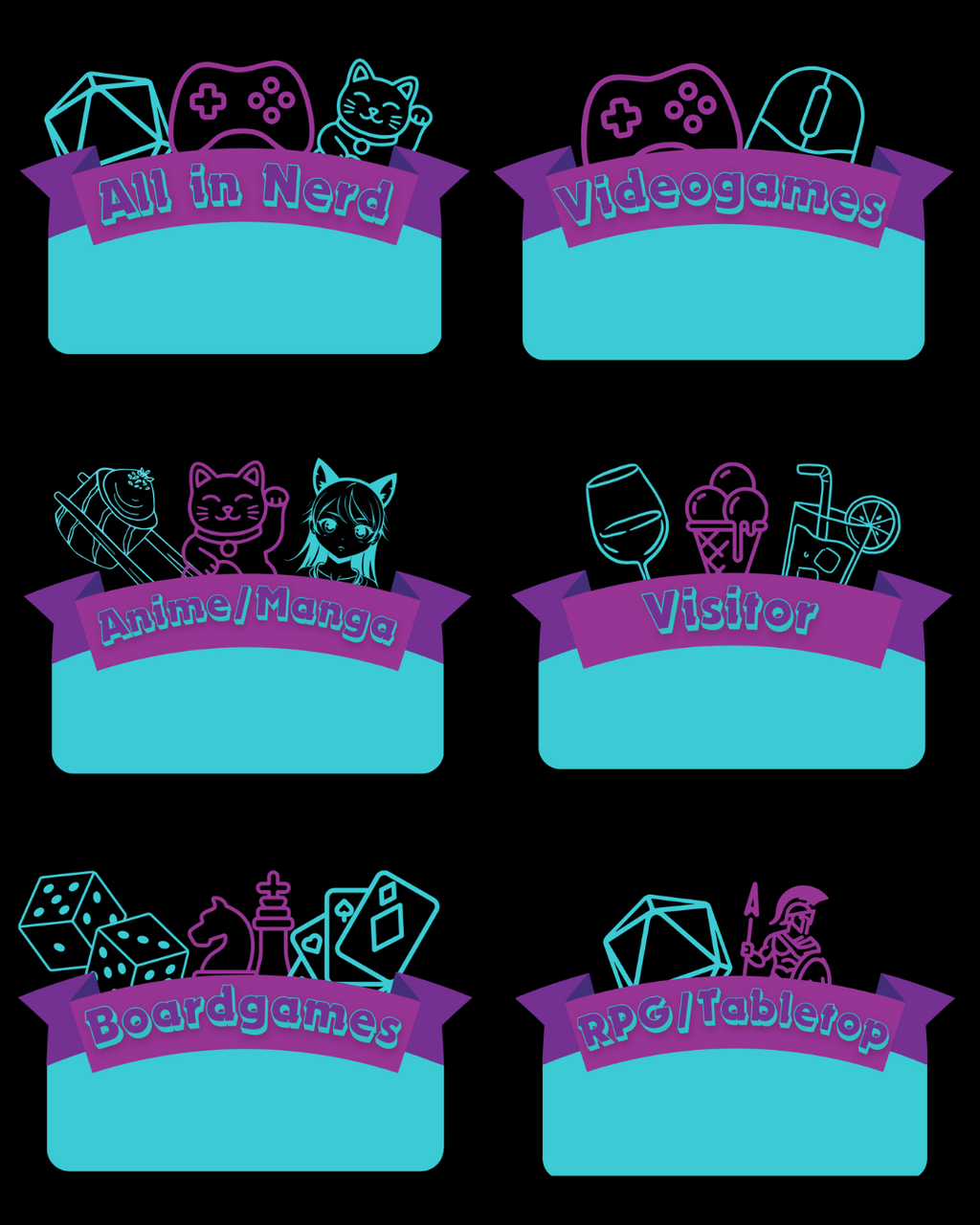 Die Namens-Sticker zum Aussuchen: All in Nerd, Videogames, Anime/Manga, Visitor, Boardgames, RPG/Tabletop